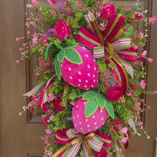 Pink Strawberry Swag Wreath for Front Door, Summer Fruit Decor for Porch