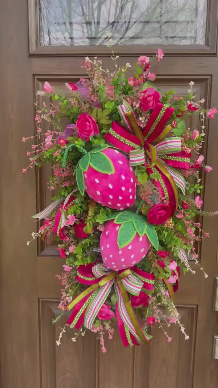 Pink Strawberry Swag Wreath for Front Door, Summer Fruit Decor for Porch
