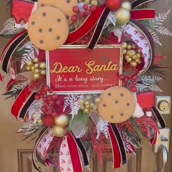 Dear Santa Christmas Wreath | Milk and Cookies Holiday Door Decor | Santa Themed Wreath | Red and Gold Christmas Front Door Decoration