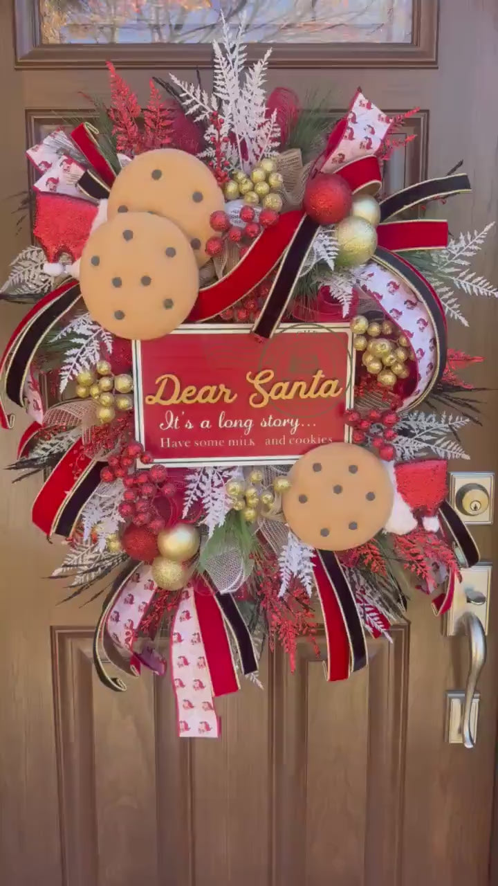 Dear Santa Christmas Wreath | Milk and Cookies Holiday Door Decor | Santa Themed Wreath | Red and Gold Christmas Front Door Decoration