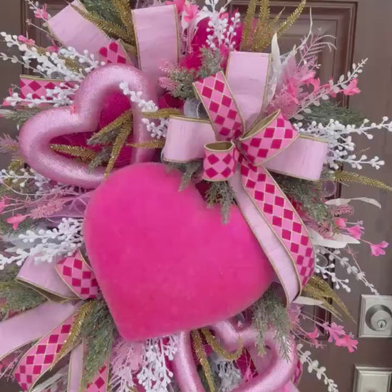 Flocked Pink Heart Wreath, Whimsical Valentine Home Decor for Outdoor Porch or Indoor Office Wall Hanger