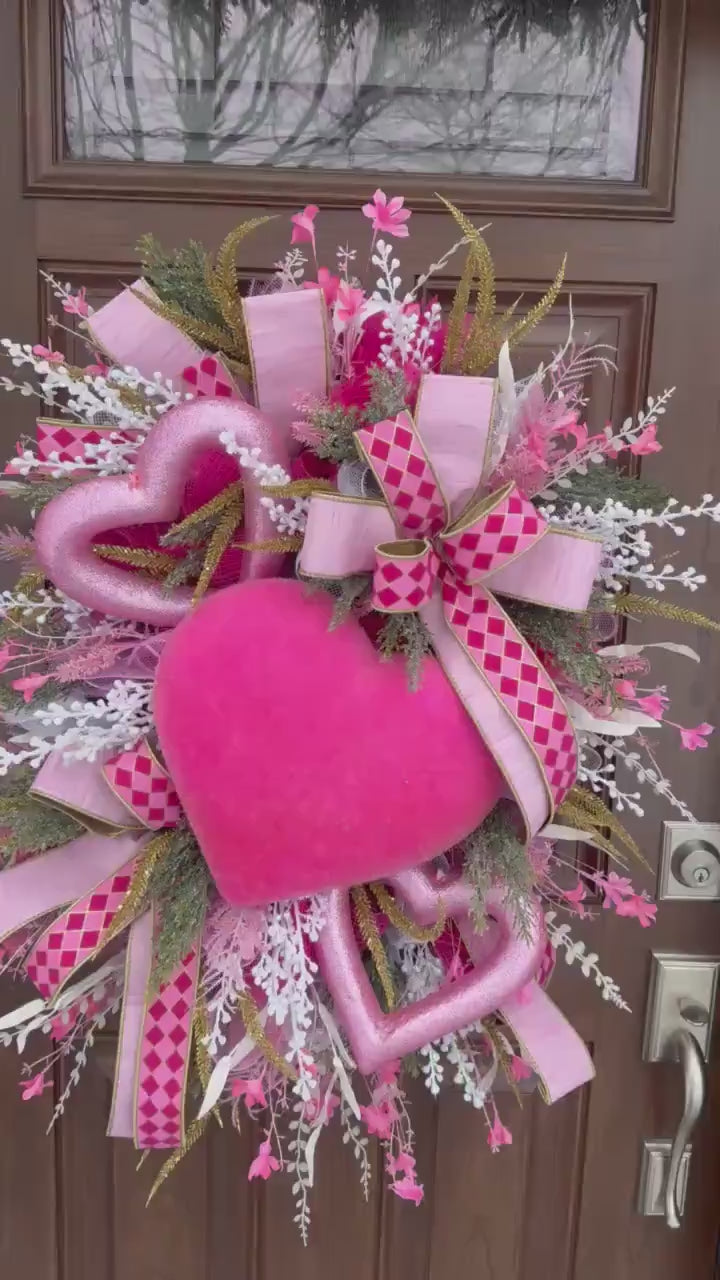 Flocked Pink Heart Wreath, Whimsical Valentine Home Decor for Outdoor Porch or Indoor Office Wall Hanger