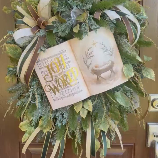 Joy to the World Christmas Wreath | Elegant Nativity Wreath for Front Door | Religious Holiday Wreath with Bible Hymn & Gold Accents