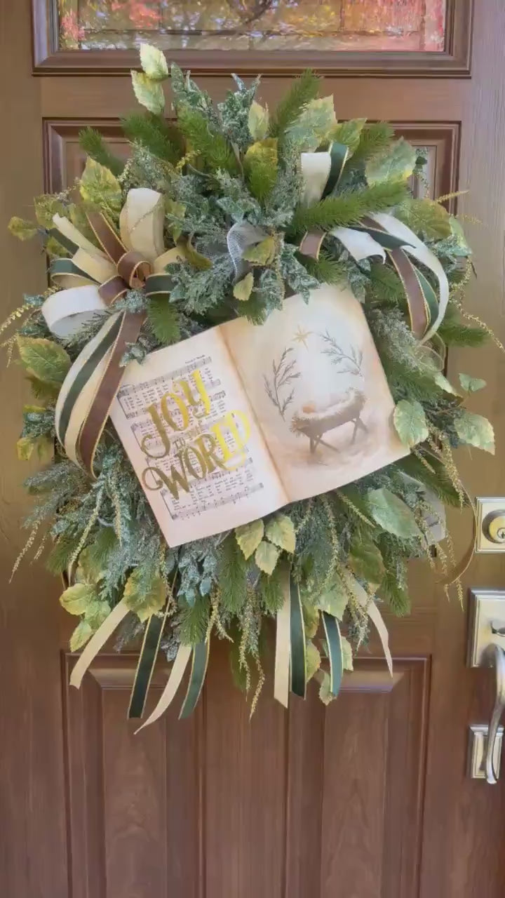 Joy to the World Christmas Wreath | Elegant Nativity Wreath for Front Door | Religious Holiday Wreath with Bible Hymn & Gold Accents