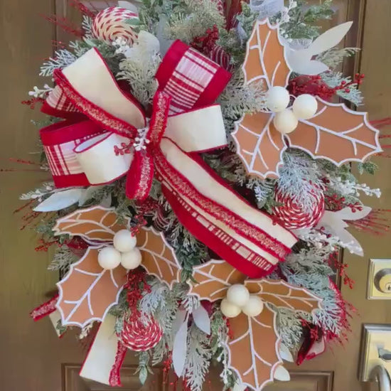 Gingerbread Christmas Wreath, Red and White Holiday Decor for Front Door or Outdoor Porch, Gingerbread Winter Holiday Leaf Bow Wreath