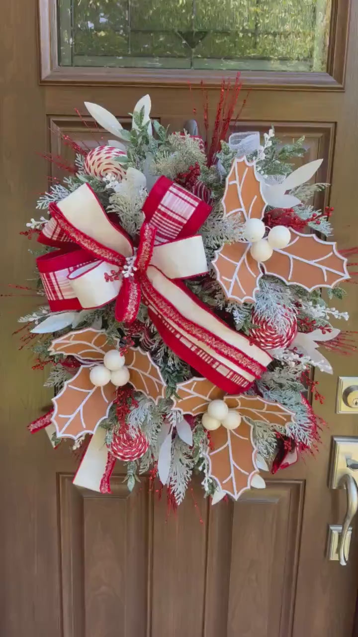 Gingerbread Christmas Wreath, Red and White Holiday Decor for Front Door or Outdoor Porch, Gingerbread Winter Holiday Leaf Bow Wreath