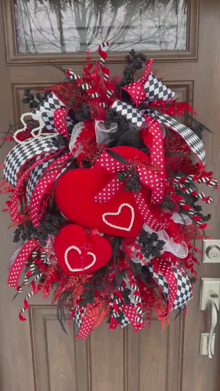 Valentine’s Day Wreath for Front Door, Red Heart Love Decor with Polka Dot Bows, Black and White Check Wreath, Romantic Gift