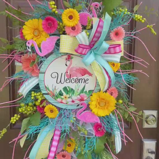 Flamingo Welcome Wreath, Tropical Summer Door Swag, Pink Yellow Teal Front Door Decor, Bright Floral Wreath, Beach House Accent