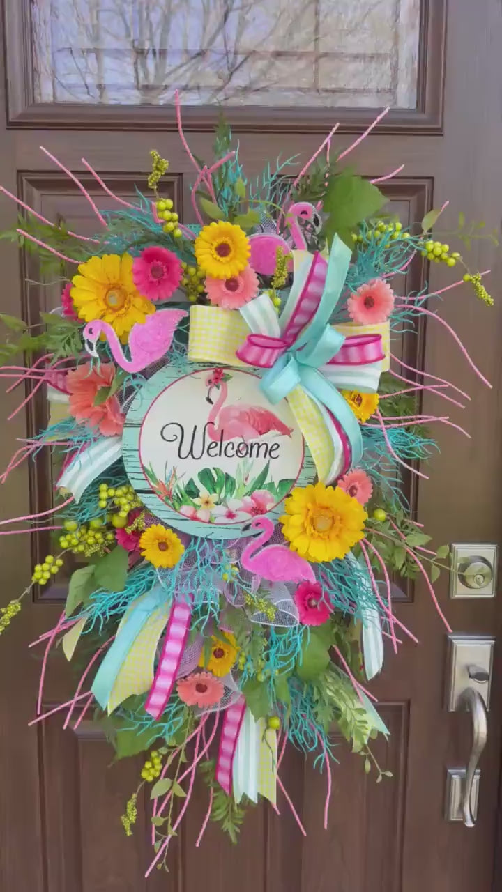Flamingo Welcome Wreath, Tropical Summer Door Swag, Pink Yellow Teal Front Door Decor, Bright Floral Wreath, Beach House Accent