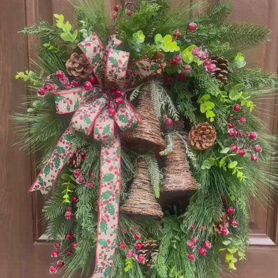 Rustic Christmas Bell Wreath, Farmhouse Christmas Front Door Wreath, Pinecone & Holly Berry Winter Wreath, Woodland Holiday Door Decor