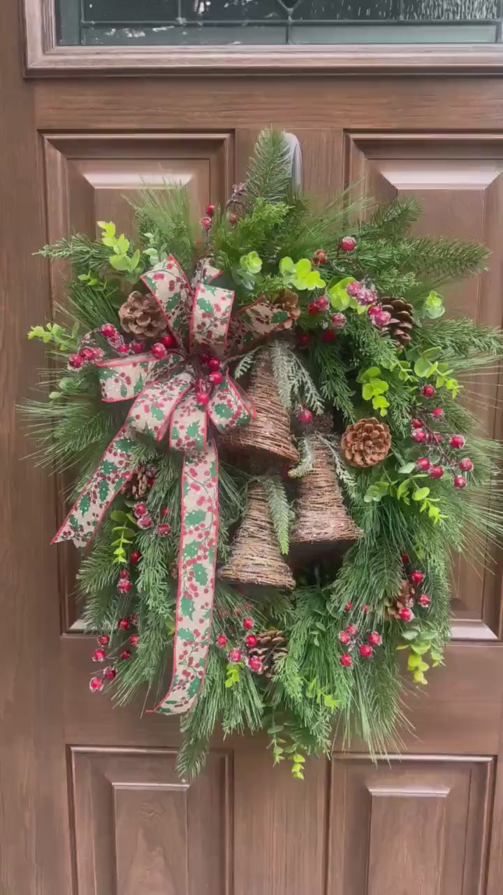 Rustic Christmas Bell Wreath, Farmhouse Christmas Front Door Wreath, Pinecone & Holly Berry Winter Wreath, Woodland Holiday Door Decor