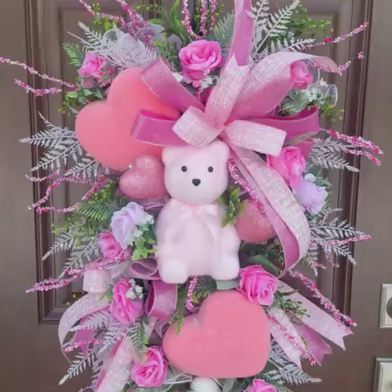 Pink Bear Valentines Day Wreath, Romantic Heart Love Wreath for Outdoor Porch or Indoor Office Wall Hanging, Glam Home Decor