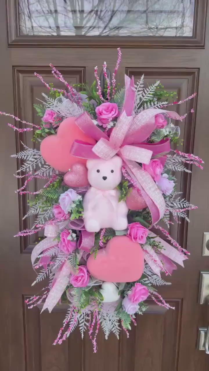 Pink Bear Valentines Day Wreath, Romantic Heart Love Wreath for Outdoor Porch or Indoor Office Wall Hanging, Glam Home Decor