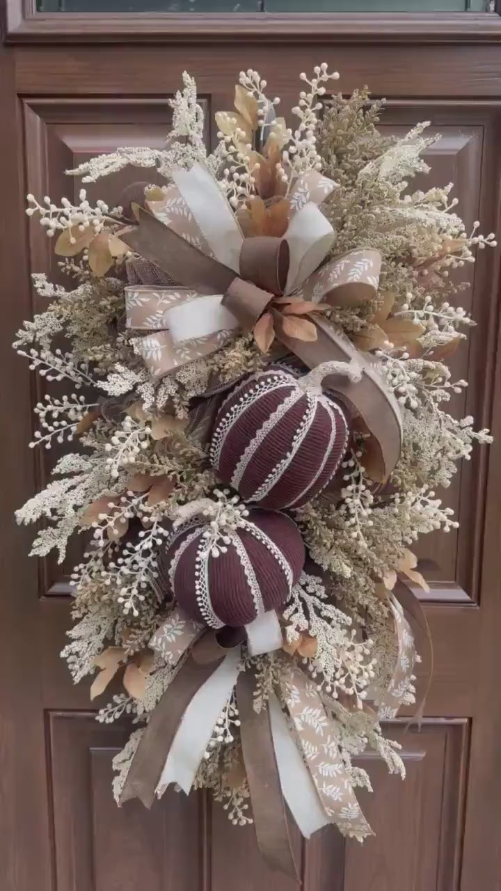 Handmade Corduroy Pumpkin Fall Swag for Front Door, Chocolate Brown Autumn  Decor, Neutral Harvest Floral, Rustic Thanksgiving Decoration