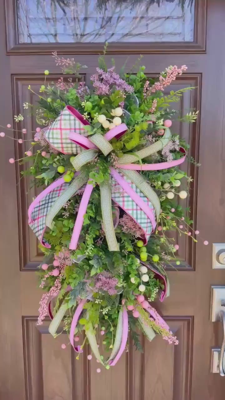 Spring Front Door Wreath, Pink & Green Floral Swag, Easter Door Decor, Mother’s Day Wreath, Everyday Spring Hanger