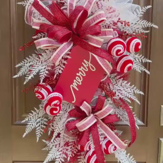 Peppermint Christmas Swag, Candy Cane Holiday Door Decoration, Merry Christmas Hanger for Outdoor Porch or Indoor Office Wall