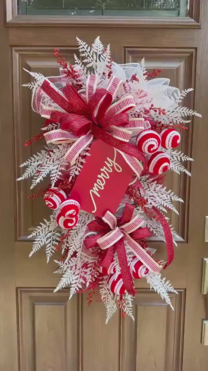 Peppermint Christmas Swag, Candy Cane Holiday Door Decoration, Merry Christmas Hanger for Outdoor Porch or Indoor Office Wall