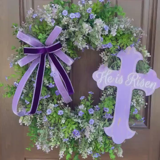 He Is Risen Easter Wreath, Purple Cross Spring Wreath, Christian Front Door Decor, Religious Hanger, Faith Based Spring Accent