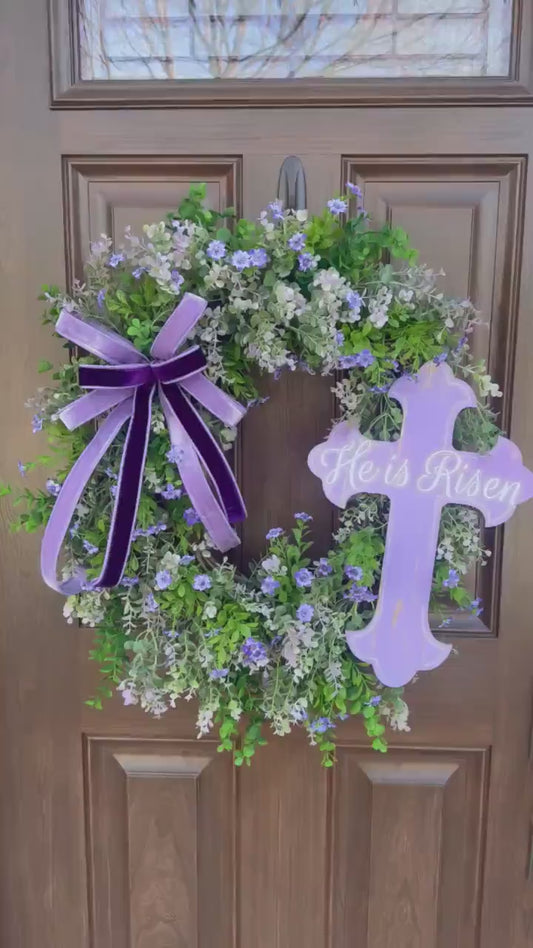 He Is Risen Easter Wreath, Purple Cross Spring Wreath, Christian Front Door Decor, Religious Hanger, Faith Based Spring Accent