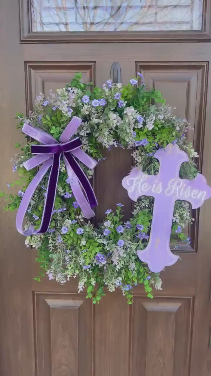 He Is Risen Easter Wreath, Purple Cross Spring Wreath, Christian Front Door Decor, Religious Hanger, Faith Based Spring Accent