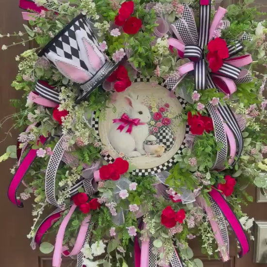 Whimsical Easter Bunny Wreath, Pink & Black Designer Spring Front Door Decor