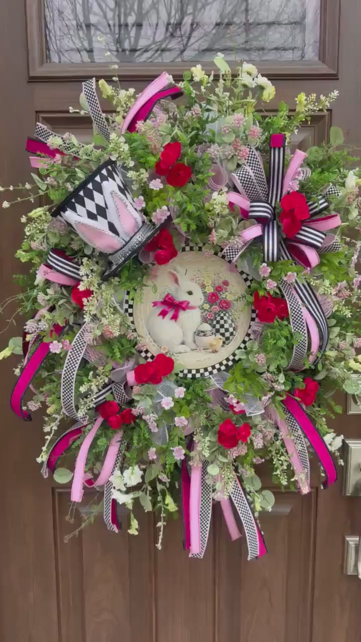 Whimsical Easter Bunny Wreath, Pink & Black Designer Spring Front Door Decor