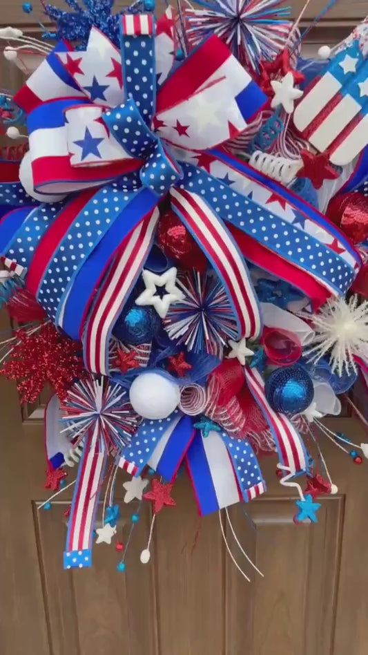Patriotic 4th of July Wreath for Door, Firecracker Front Door Decor for Outdoor Porch or Indoor Office Wall, Americana Summer Home Decor