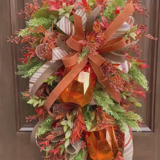 Copper Jewel Fall Swag Wreath with Autumn Foliage Decor, Fall Front Door Decor for Outdoor Porch or Indoor Office Wall Hanger, Rustic Decor