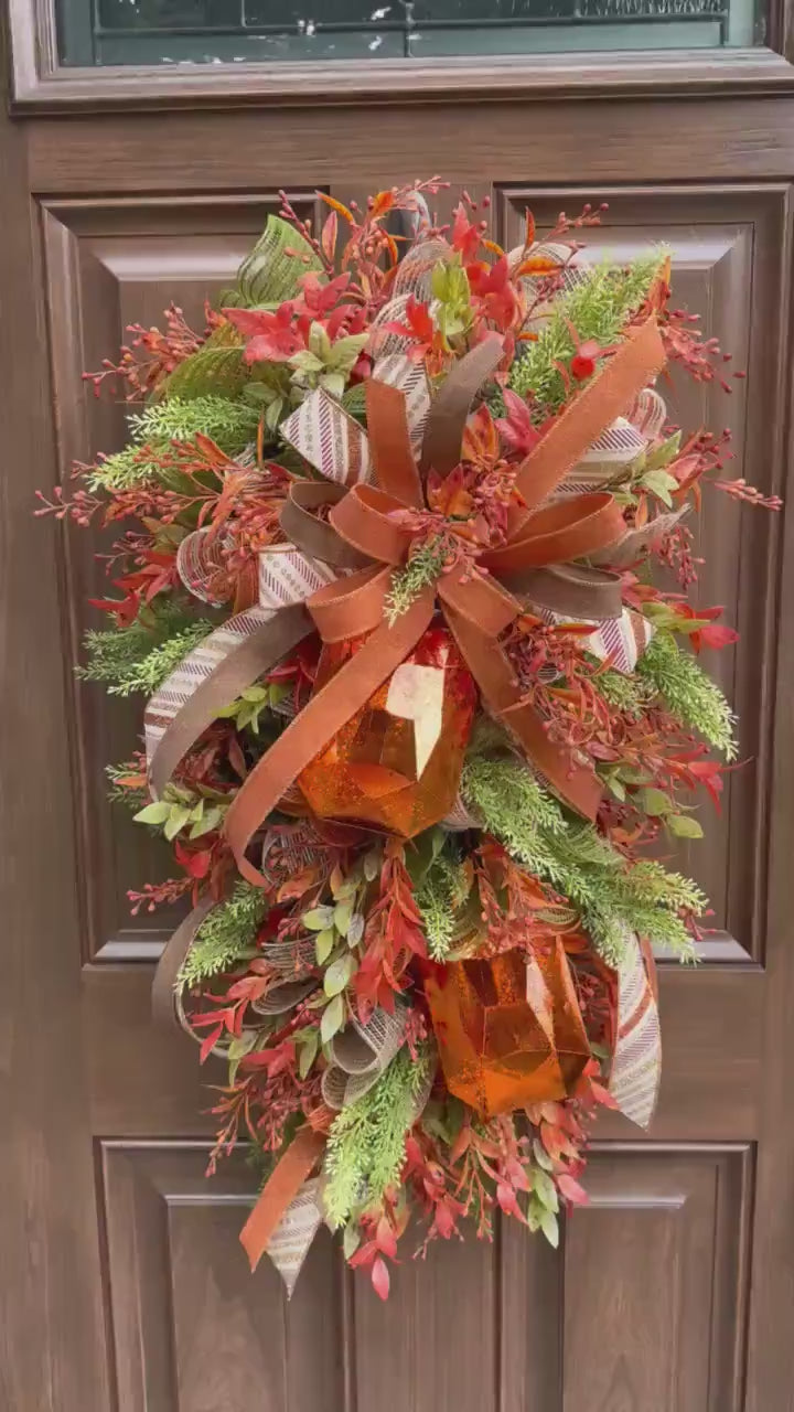 Copper Jewel Fall Swag Wreath with Autumn Foliage Decor, Fall Front Door Decor for Outdoor Porch or Indoor Office Wall Hanger, Rustic Decor