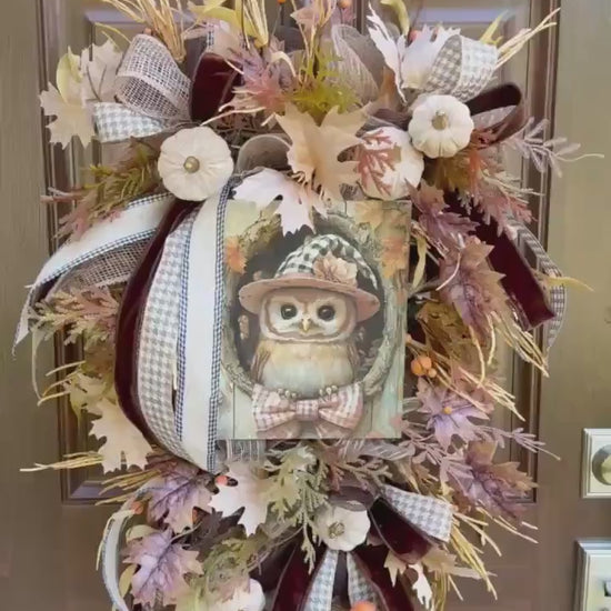 Fall Owl Wreath for Front Door, Neutral Autumn Pumpkin Wreath for Outdoor Porch, Woodland Owl Decor, Rustic Fall Door Hanger