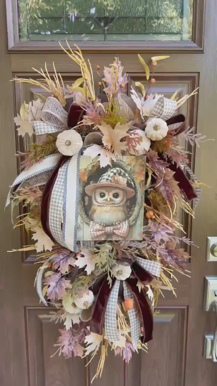 Fall Owl Wreath for Front Door, Neutral Autumn Pumpkin Wreath for Outdoor Porch, Woodland Owl Decor, Rustic Fall Door Hanger