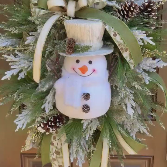 Snowman Winter Wreath for Front Door, Christmas Home Decor for Outdoor Porch or Indoor Office Wall Hanging, Grey and White Snowman Decor