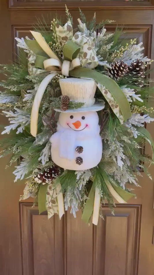 Snowman Winter Wreath for Front Door, Christmas Home Decor for Outdoor Porch or Indoor Office Wall Hanging, Grey and White Snowman Decor