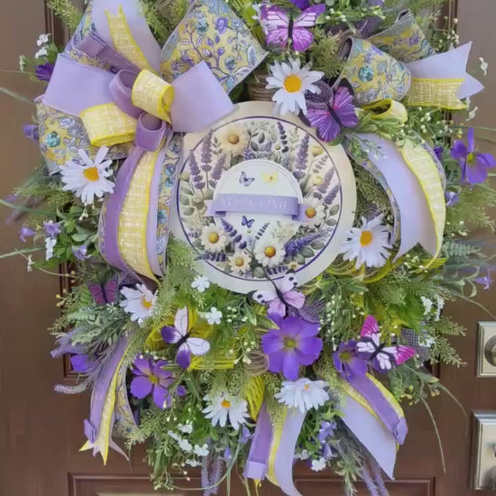 Spring Welcome Wreath for Front Door, Lavender Daisy Butterfly Wreath, Outdoor Porch Floral Wall Hanging Decor, Summer Home Decor Accent