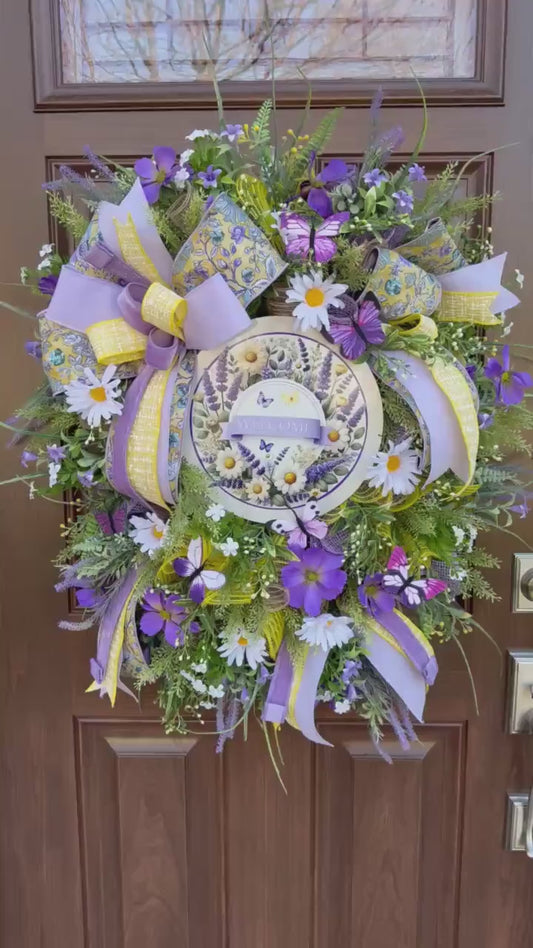 Spring Welcome Wreath for Front Door, Lavender Daisy Butterfly Wreath, Outdoor Porch Floral Wall Hanging Decor, Summer Home Decor Accent