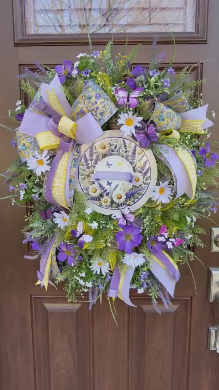Spring Welcome Wreath for Front Door, Lavender Daisy Butterfly Wreath, Outdoor Porch Floral Wall Hanging Decor, Summer Home Decor Accent