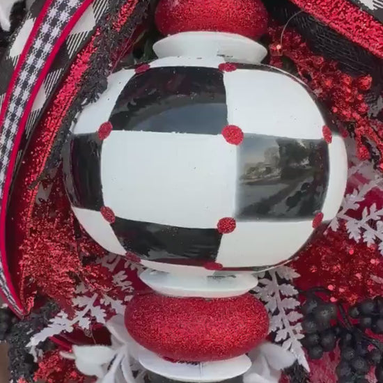 Glam Valentine’s Day Swag Wreath, Red Black & White Finial Ornament Door Decor, Romantic Statement Swag