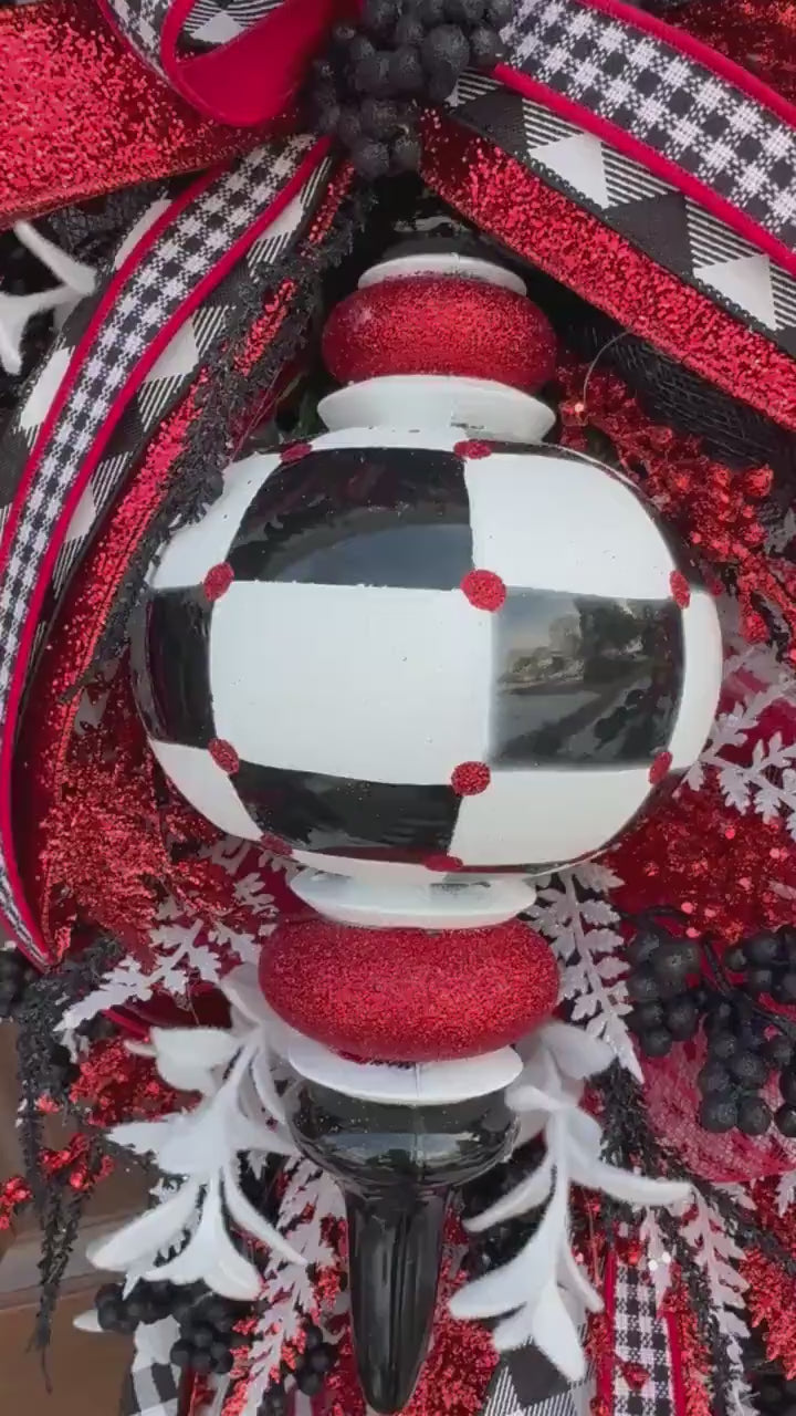 Glam Valentine’s Day Swag Wreath, Red Black & White Finial Ornament Door Decor, Romantic Statement Swag