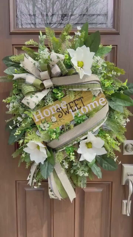 Home Sweet Home Wreath for Front Door, Magnolia Leaf Front Door Decor, Farmhouse Spring Wreath, Rustic Welcome Sign for Outdoor Porch Wall