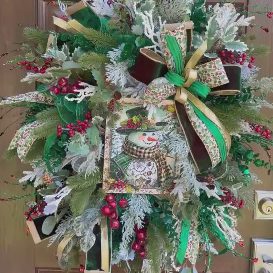 Snowman Winter Wreath for Front Door, Christmas Home Decor for Outdoor Porch or Indoor Office Wall Hanging, Green and White Snowman Decor