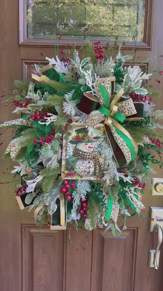 Snowman Winter Wreath for Front Door, Christmas Home Decor for Outdoor Porch or Indoor Office Wall Hanging, Green and White Snowman Decor