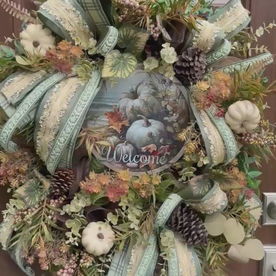 Welcome Fall Wreath, Rustic Autumn Door Decor, Woodland Pumpkin Wreath, Farmhouse Thanksgiving Hanger
