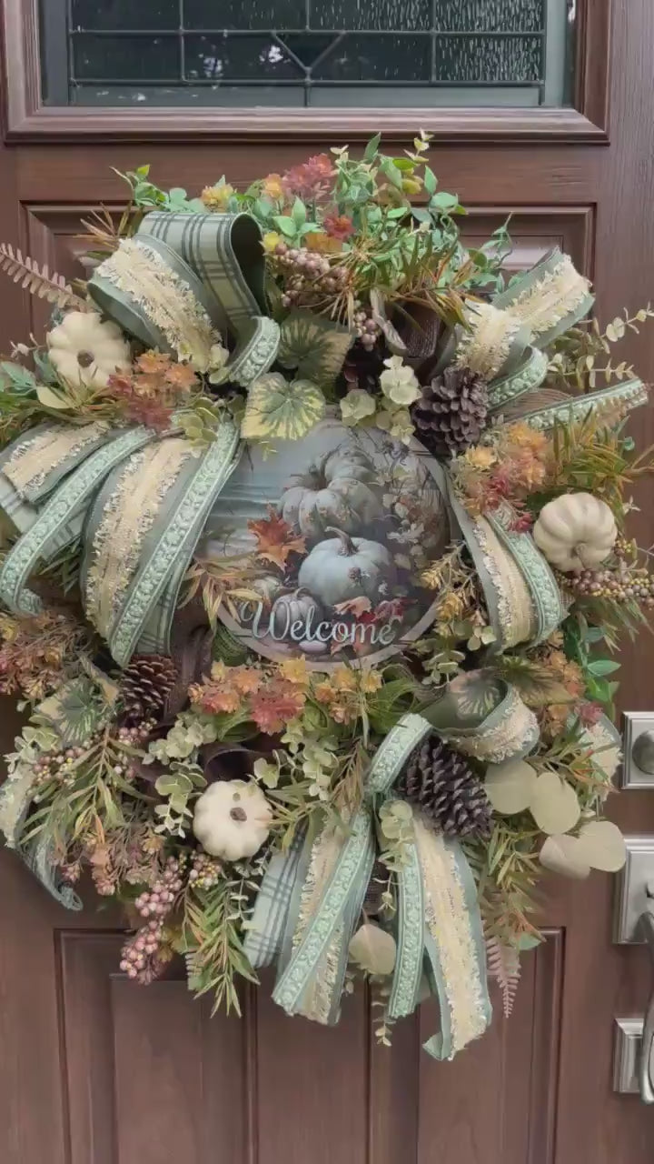 Welcome Fall Wreath, Rustic Autumn Door Decor, Woodland Pumpkin Wreath, Farmhouse Thanksgiving Hanger