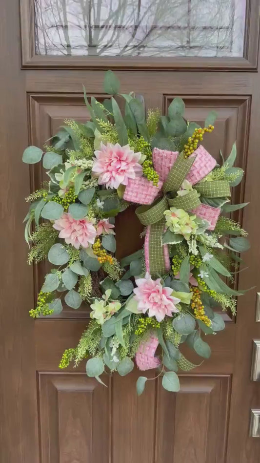 Pink Spring Grapevine Wreath with Greenery, Floral Front Door Wreath