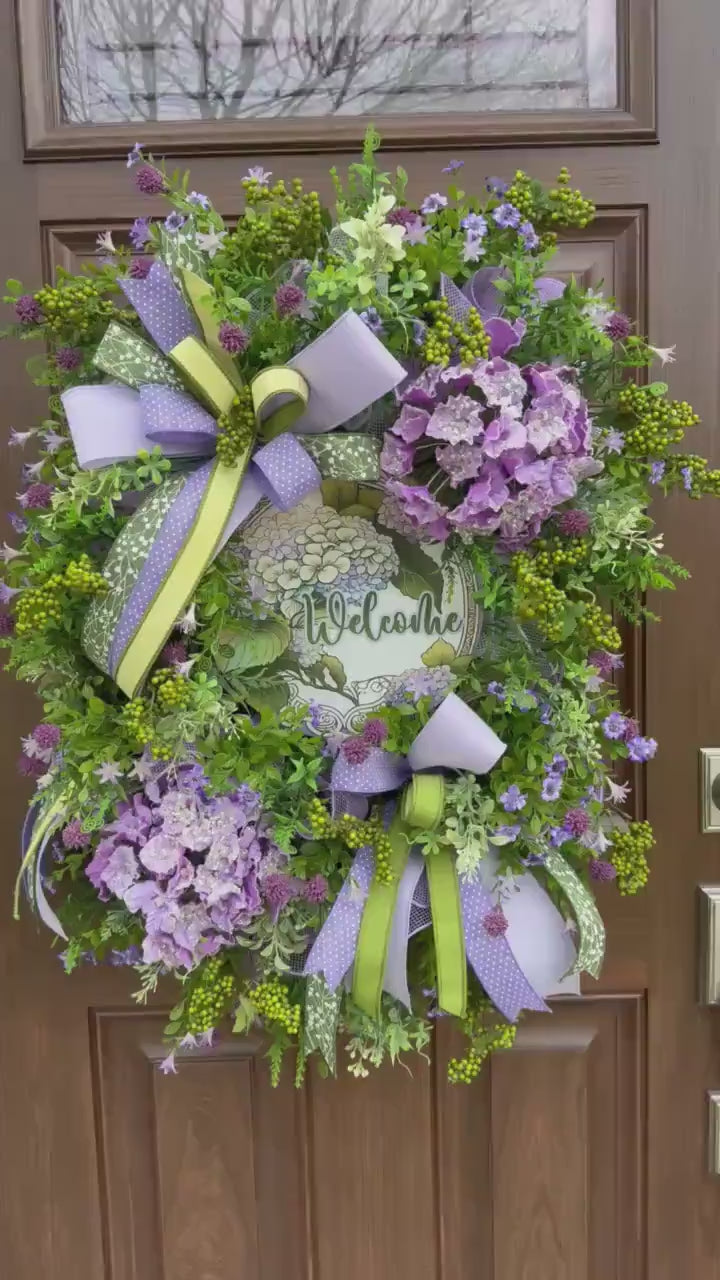Purple Hydrangea Spring Wreath for Front Door, Welcome Wreath, Lavender Green Floral Wreath, Farmhouse Door Decor, Summer Wreath