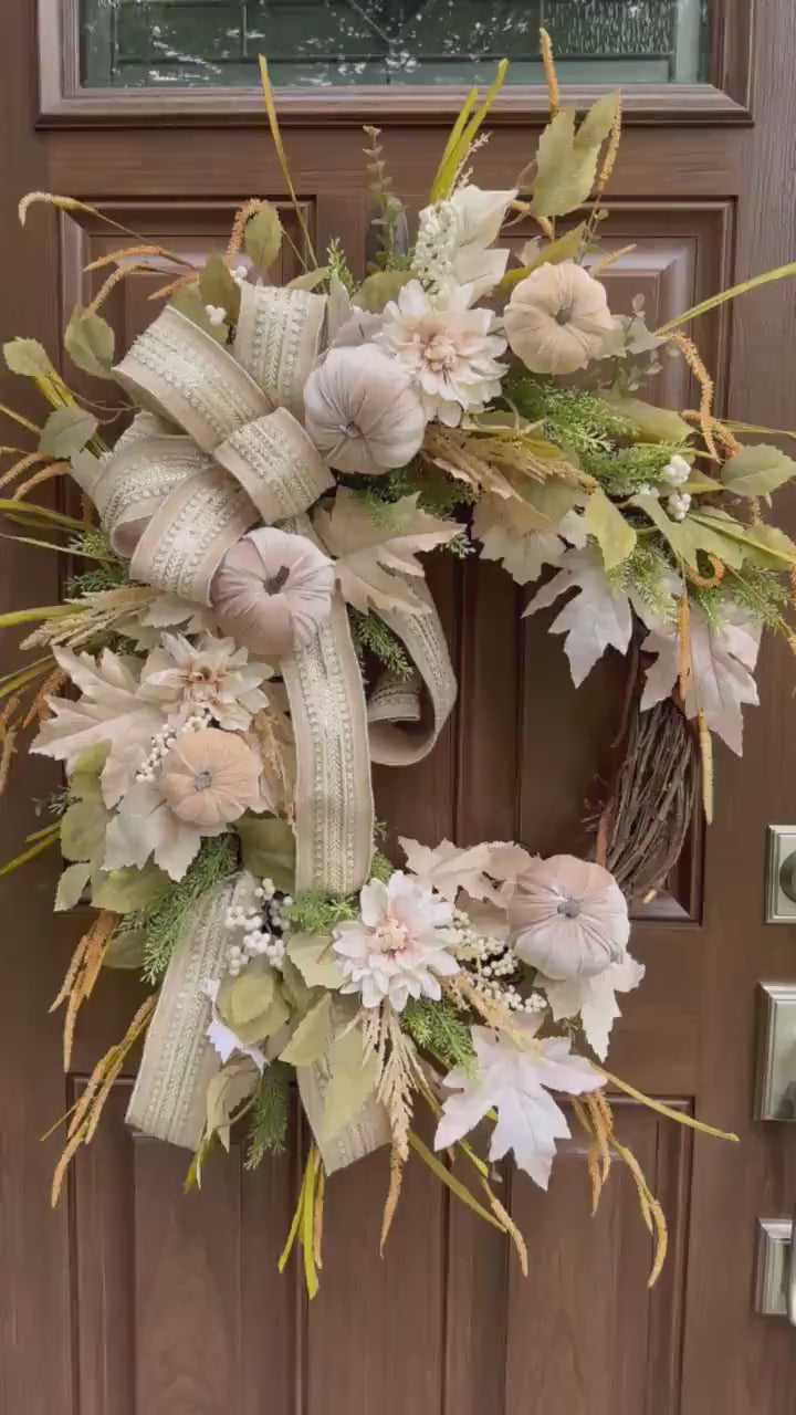 Neutral Fall Pumpkin Grapevine Wreath, Elegant Autumn Front Door Decor, Cream Pumpkin Wreath, Neutral Fall Door Hanger, Fall Farmhouse Decor
