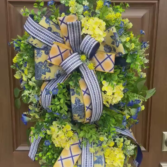 Spring Floral Wreath for Front Door, Blue Yellow Wreath, Mothers Day Gift for Her, Handmade Summer Wreath, Farmhouse Decor