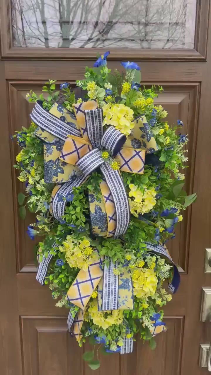 Spring Floral Wreath for Front Door, Blue Yellow Wreath, Mothers Day Gift for Her, Handmade Summer Wreath, Farmhouse Decor