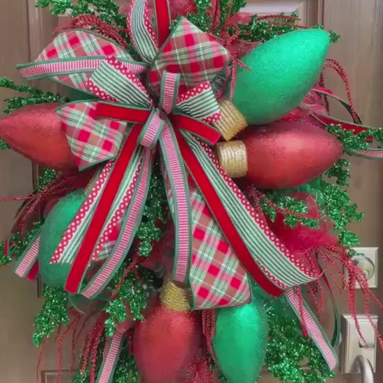 Whimsical Christmas Wreath with Glittered Lights and Ribbons – Red and Green Holiday Door Decor for Front Door, Christmas Outdoor Porch