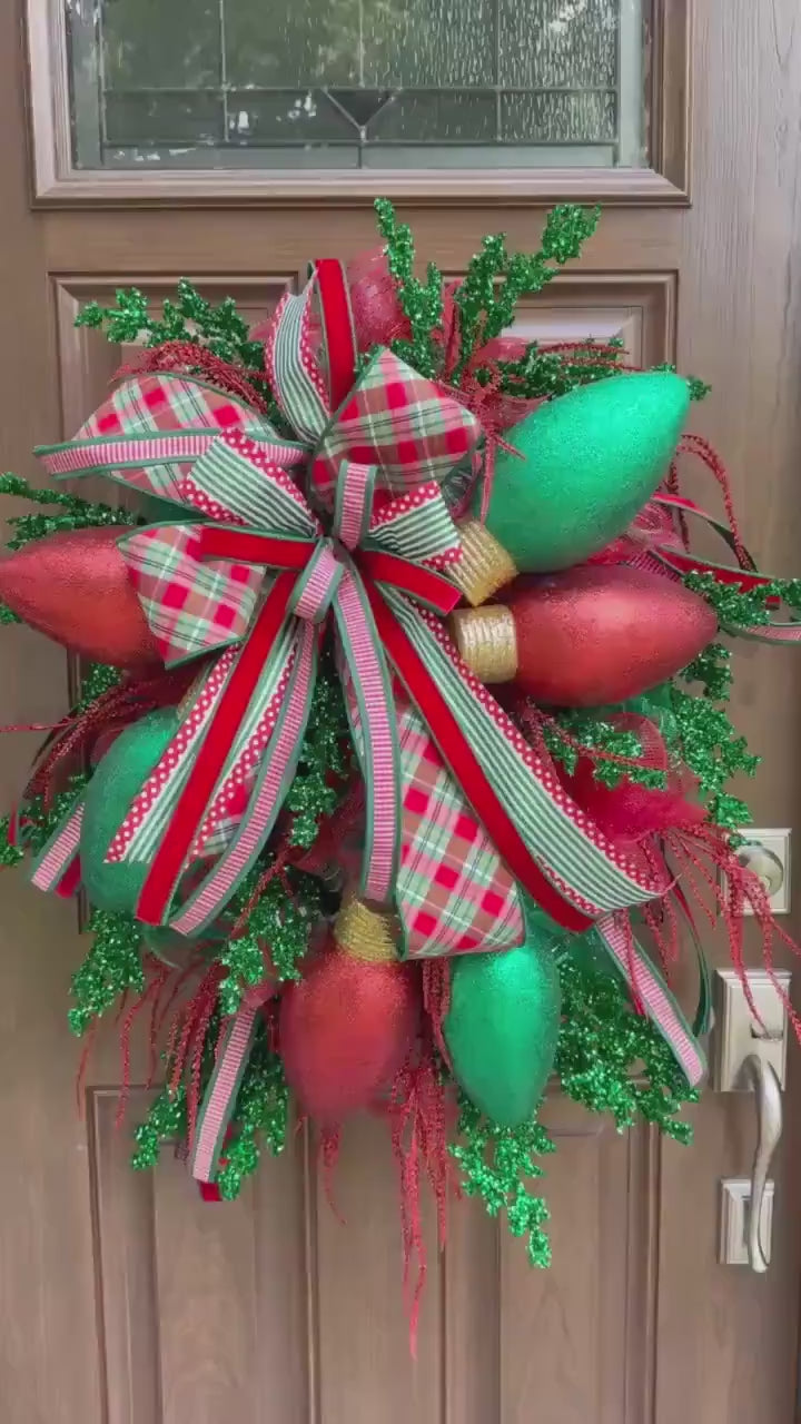 Whimsical Christmas Wreath with Glittered Lights and Ribbons – Red and Green Holiday Door Decor for Front Door, Christmas Outdoor Porch